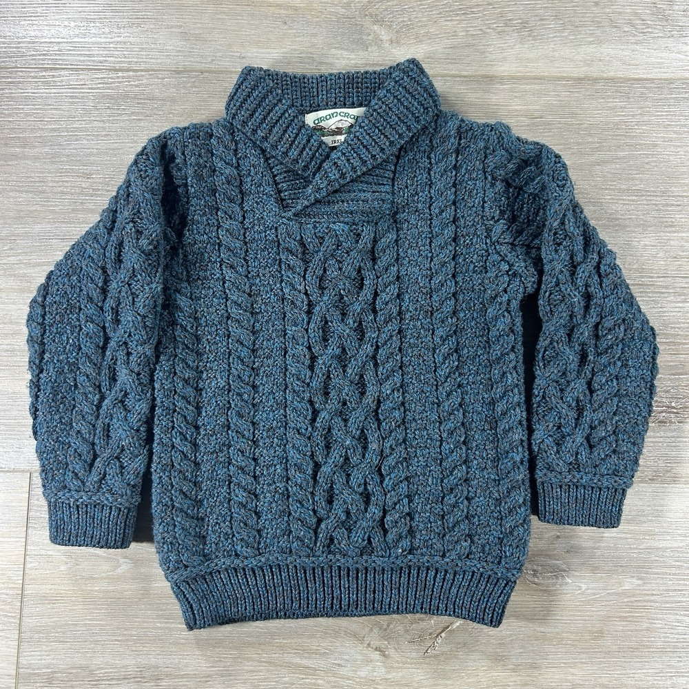 Aran Crafts Irish Cable Knit Sweater Youth 4-5yrs Blue  100% Wool Made Ireland